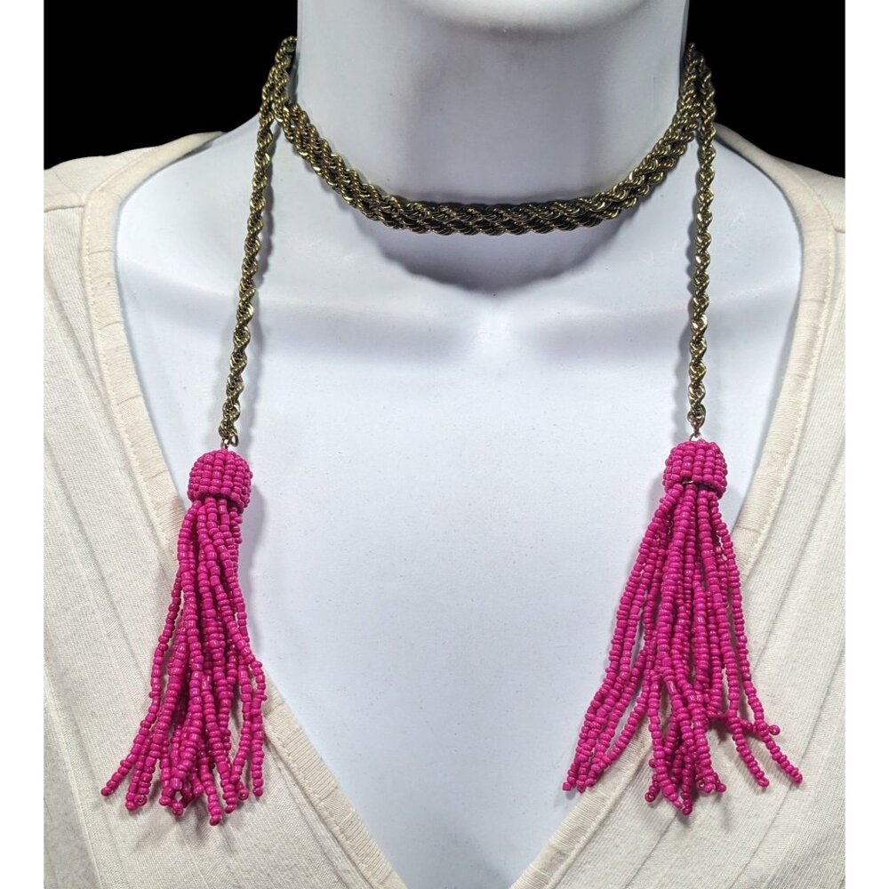 Pink Glass Beaded Fringe End Gold Tone Chain Wrap Necklace